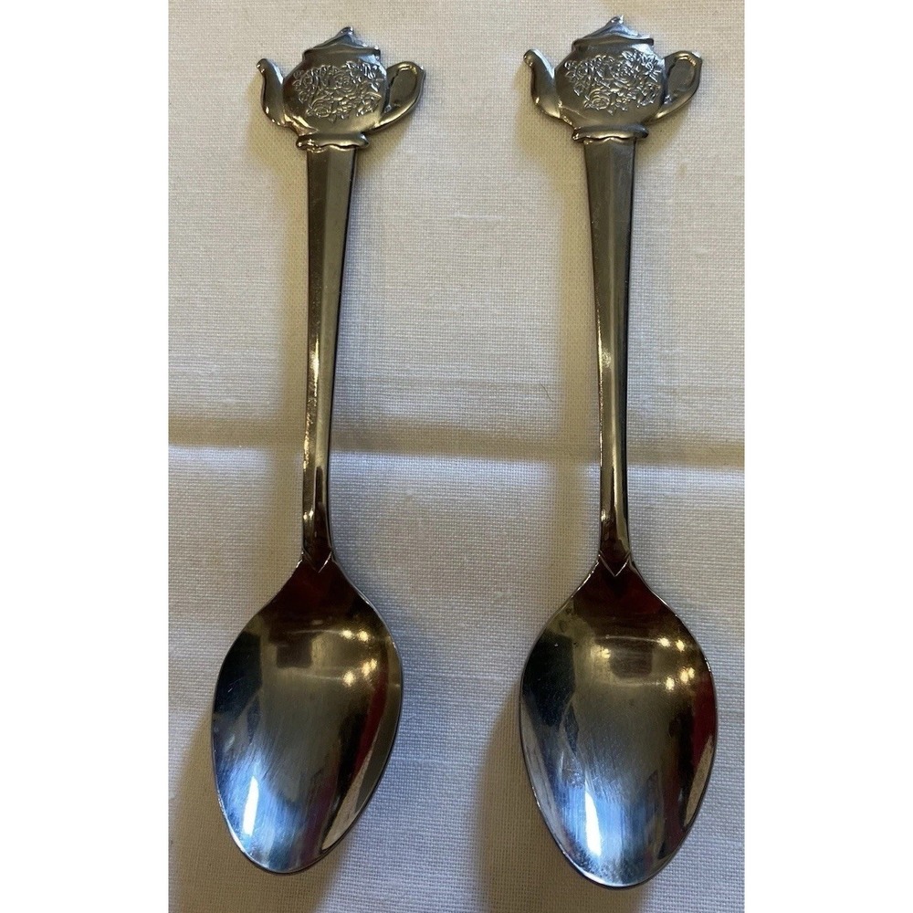 Victorian Style Teapot Design Teaspoon Set Silver Tone Mini Collectible Spoons